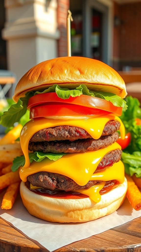 A delicious cheeseburger with beef patty, melted cheese, lettuce, and tomato on a toasted bun, served with fries.